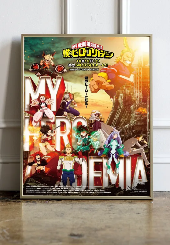 Постер «Моя геройская академия» над диваном в гостиной