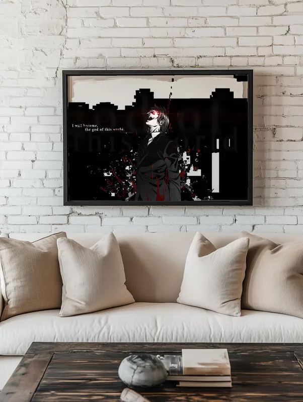 Постер «Тетрадь смерти. Ягами Лайт» над диваном в гостиной
