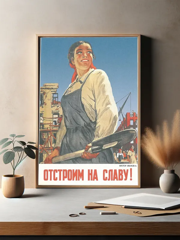 Постер «Советские постеры - Отстроим на славу!» над диваном в гостиной