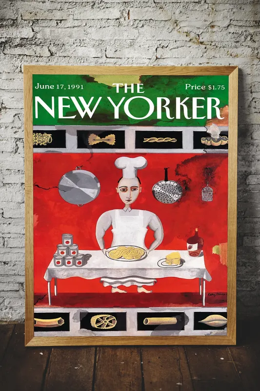 Постер «The New Yorker - Паста» над диваном в гостиной