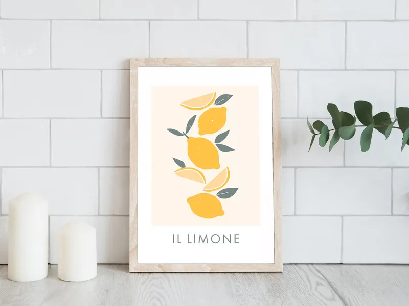Постер «Цитрусовые - Лимон» над диваном в гостиной