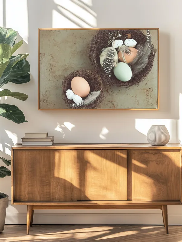 Постер «Пасхальные яйца в корзине» над диваном в гостиной