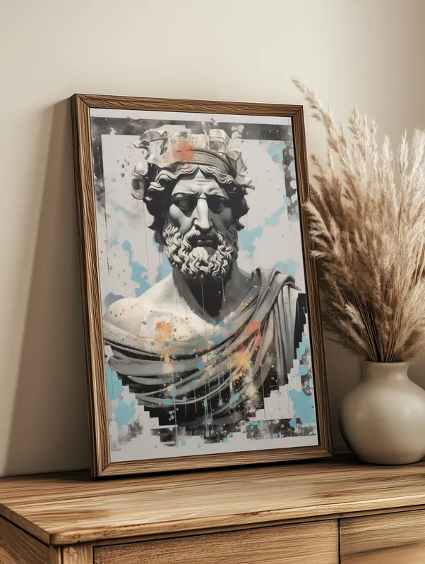 Постер «Античная скульптура Одиссея» над диваном в гостиной