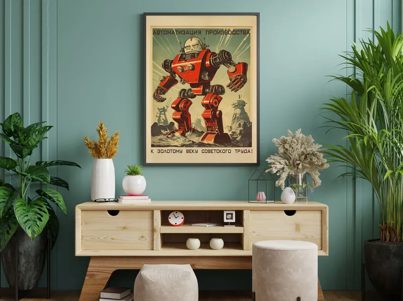 Постер «Автоматизация производства» над диваном в гостиной