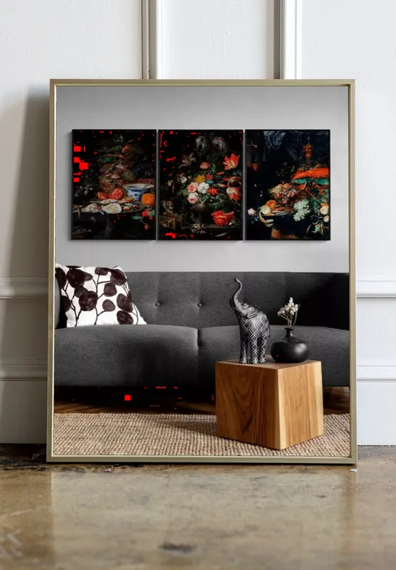 Постер «Набор из трех постеров Цветы и фрукты» над диваном в гостиной