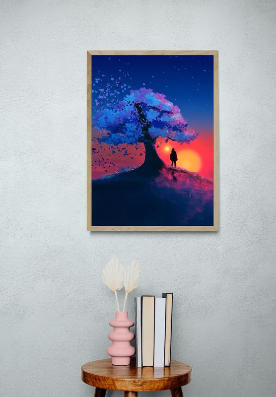 Постер «Закат у дерева» на стене в офисе