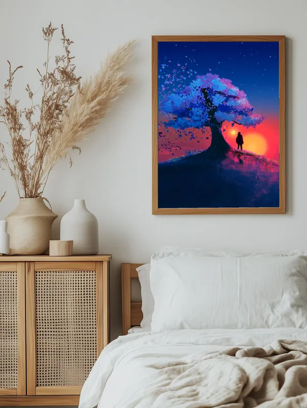 Постер «Закат у дерева» над диваном в гостиной