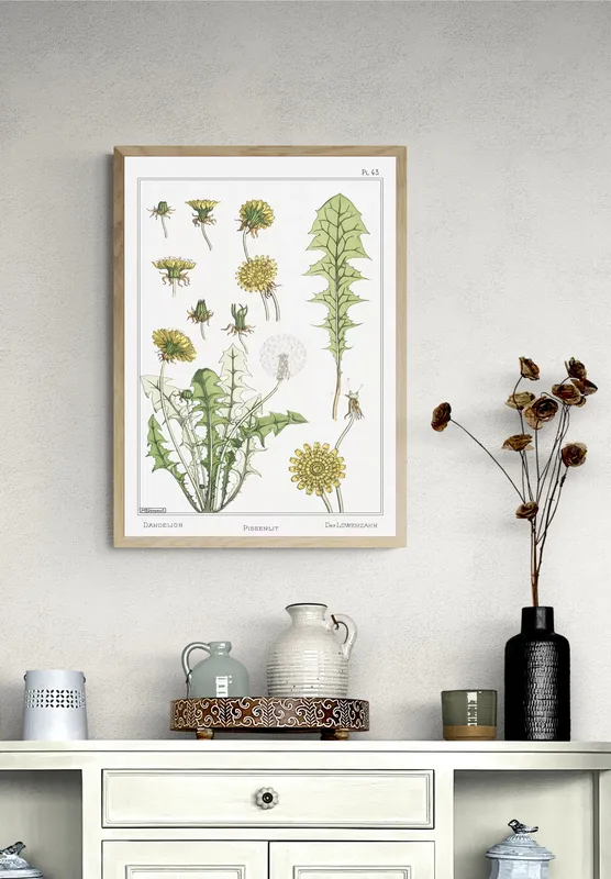 Постер «Одуванчик - Части одуванчика» над диваном в гостиной