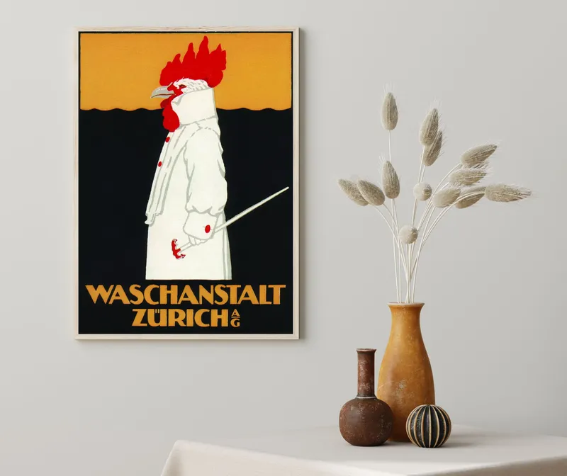 Постер «Петух в белом пальто» на стене в офисе