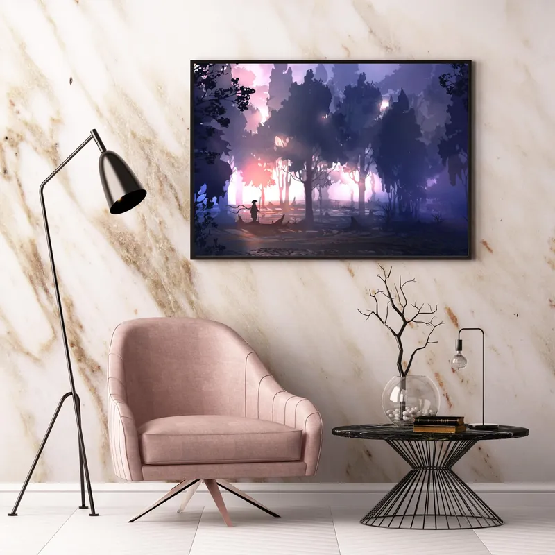 Постер «Утро в японском лесу» на стене в офисе