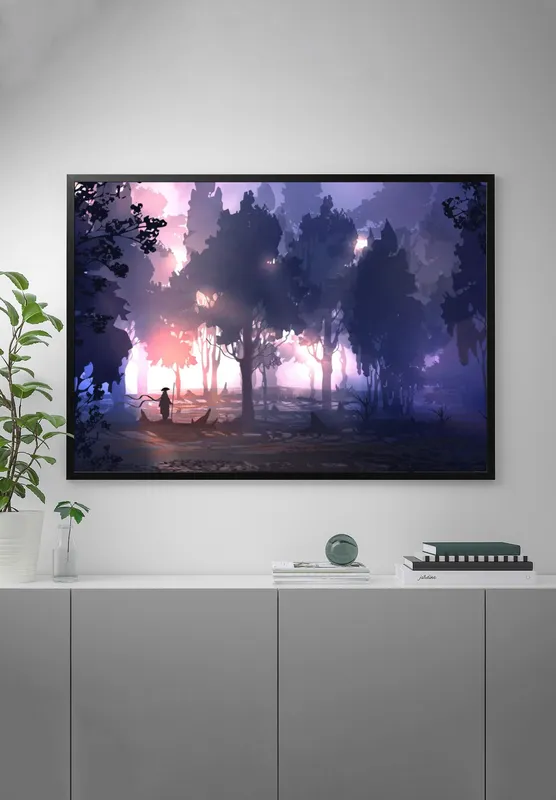 Постер «Утро в японском лесу» над диваном в гостиной