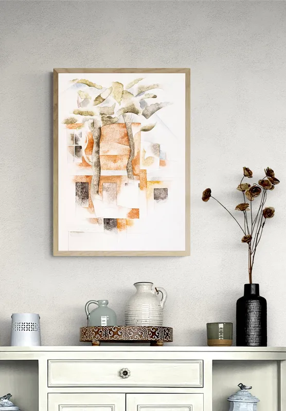 Постер «Геометрия - Геометрический дом» над диваном в гостиной