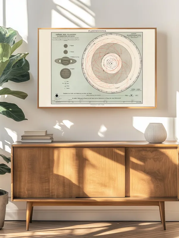 Постер «Планетарная система» над диваном в гостиной