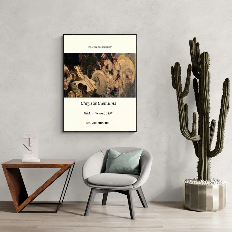 Постер «Михаил Врубель - Хризантемы» над диваном в гостиной