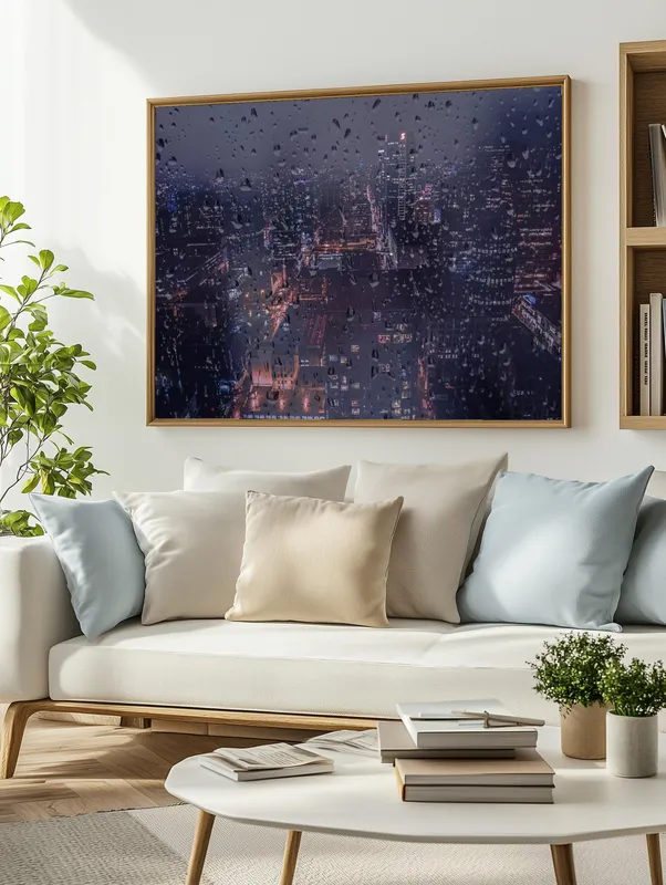 Постер «Дождь за окном» над диваном в гостиной