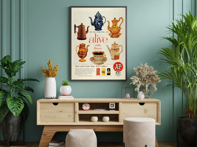 Постер «Рекламный плакат - Кофе A and P Coffee» над диваном в гостиной