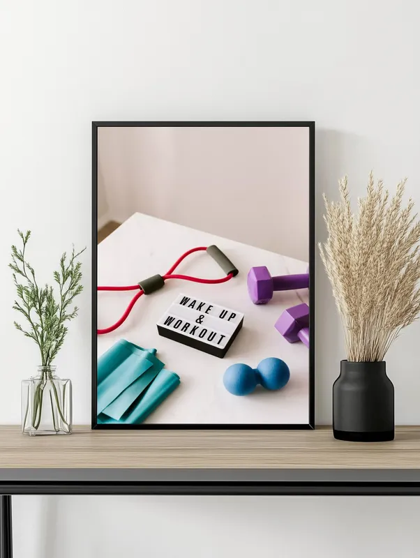 Постер «Wake Up and Workout» над диваном в гостиной