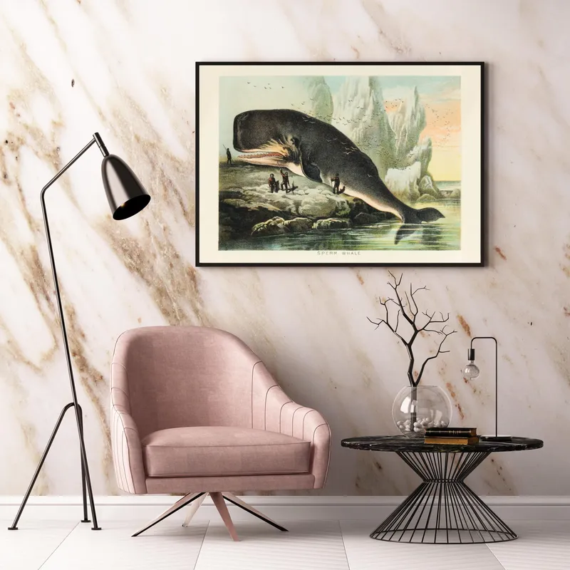 Постер «Кашалот в дикой природе» над диваном в гостиной