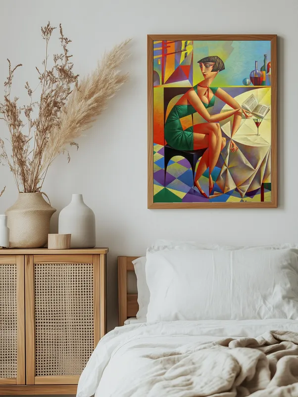 Постер «Геометрия - Девушка с книгой» над диваном в гостиной