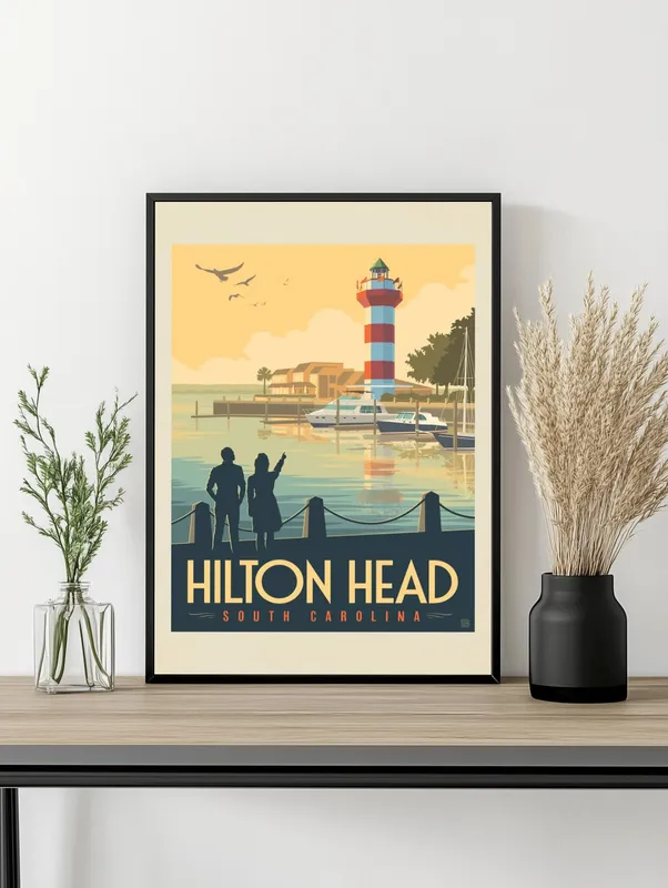 Постер «Маяки - Маяк на фоне рассвета» над диваном в гостиной