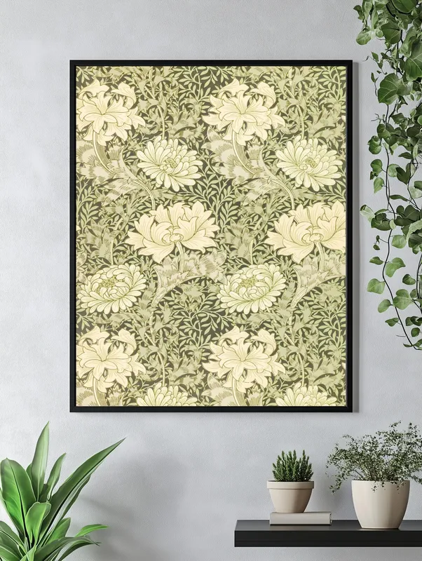 Постер «Уильям Моррис - Узор из хризантем» над диваном в гостиной