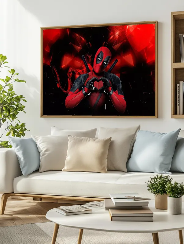 Постер «Милый Дэдпул» над диваном в гостиной