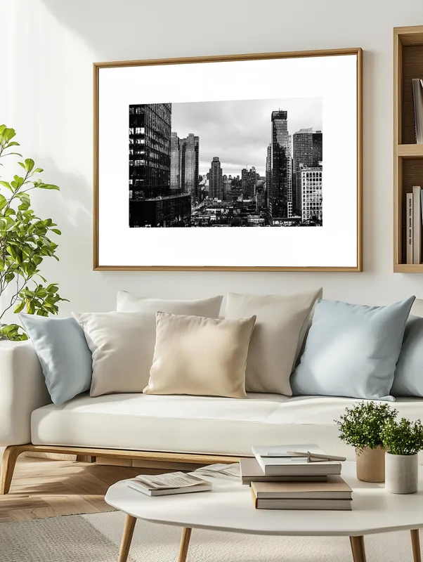 Постер «Небоскребы Нью-Йорка» над диваном в гостиной
