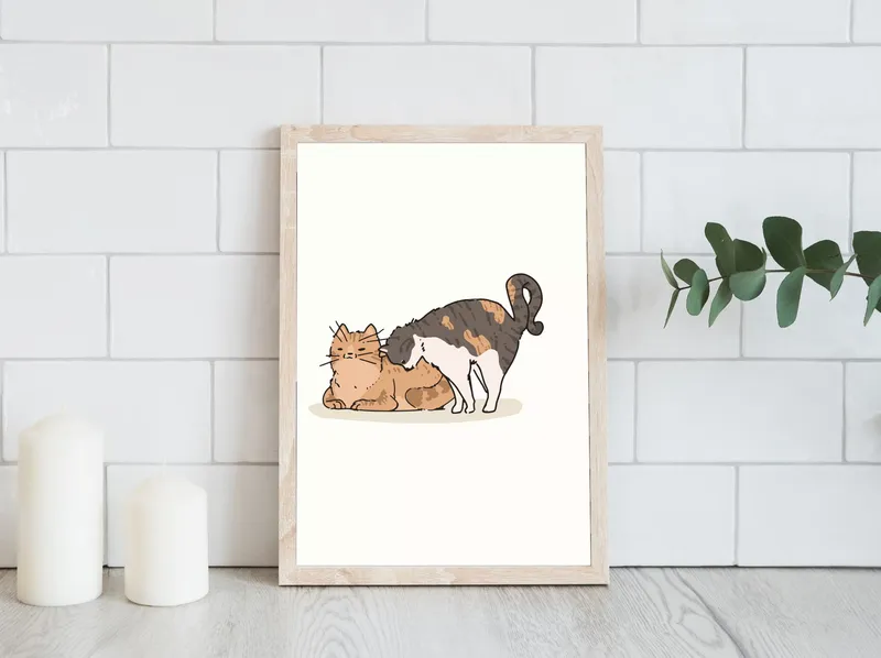 Постер «Кошки - Кошачья ласка» над диваном в гостиной