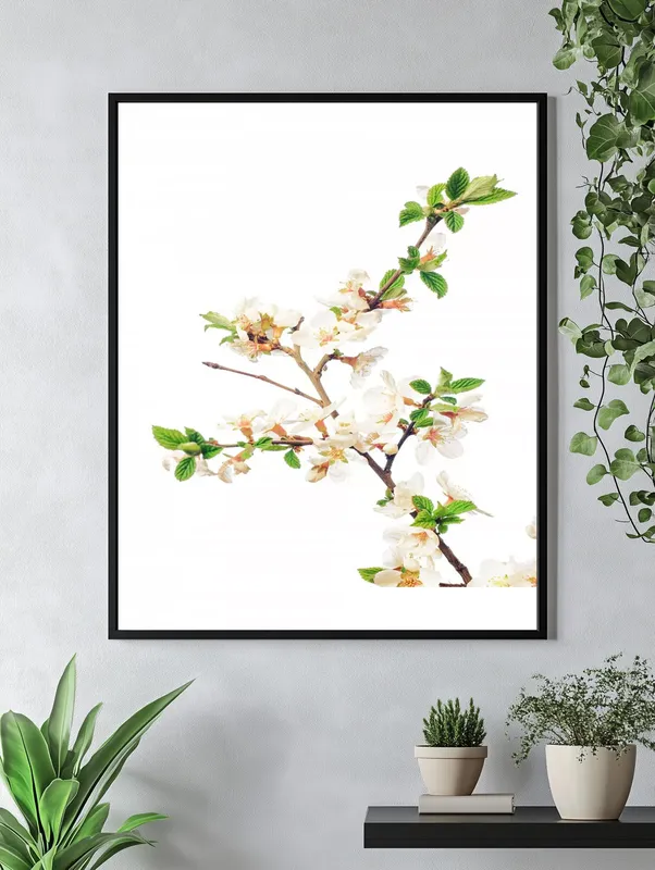 Постер «Весна - Цветущее дерево» над диваном в гостиной