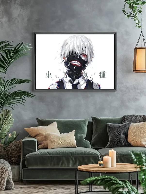 Постер «Токийский гуль. Главный герой» над диваном в гостиной