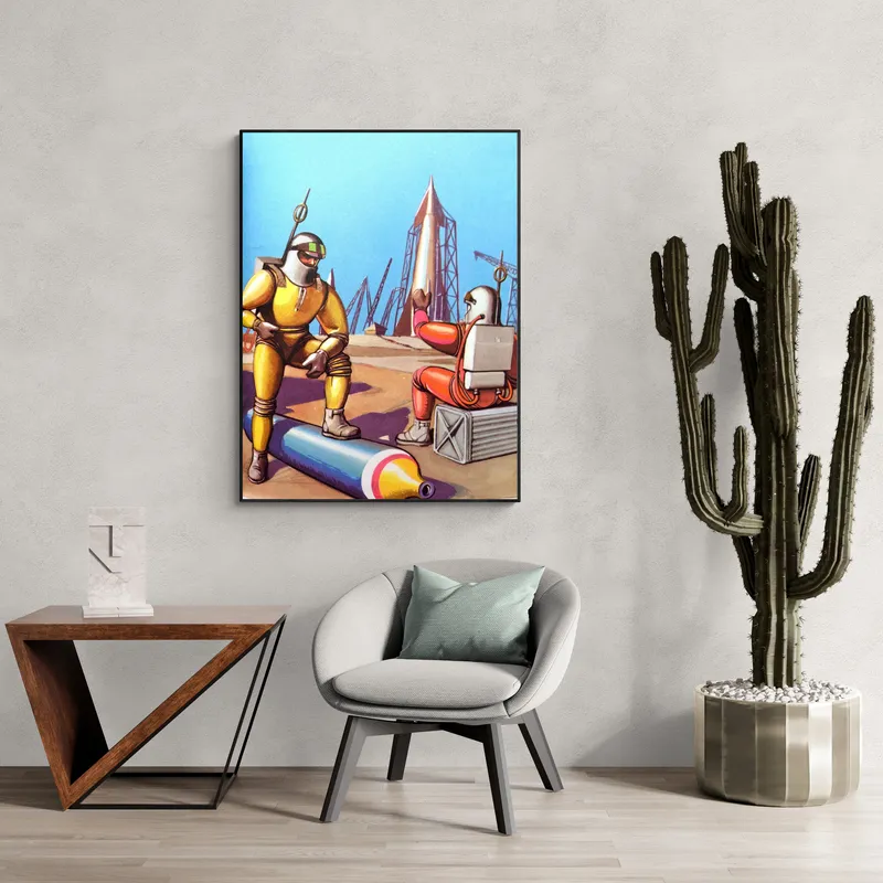 Постер «Освоение Марса» над диваном в гостиной