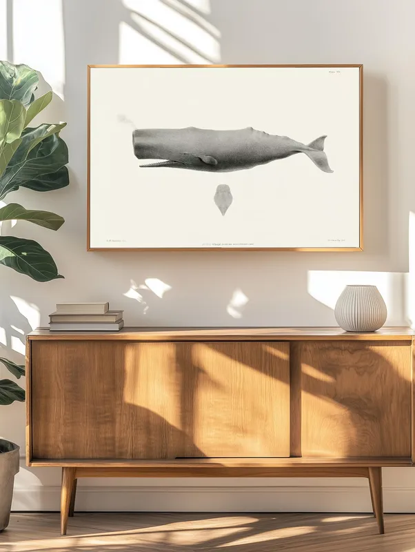 Постер «Большой кашалот» над диваном в гостиной