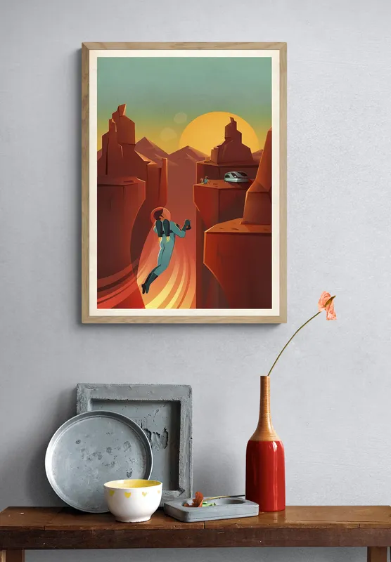 Постер «Реклама Space-X - Путешествие на Марс» над диваном в гостиной