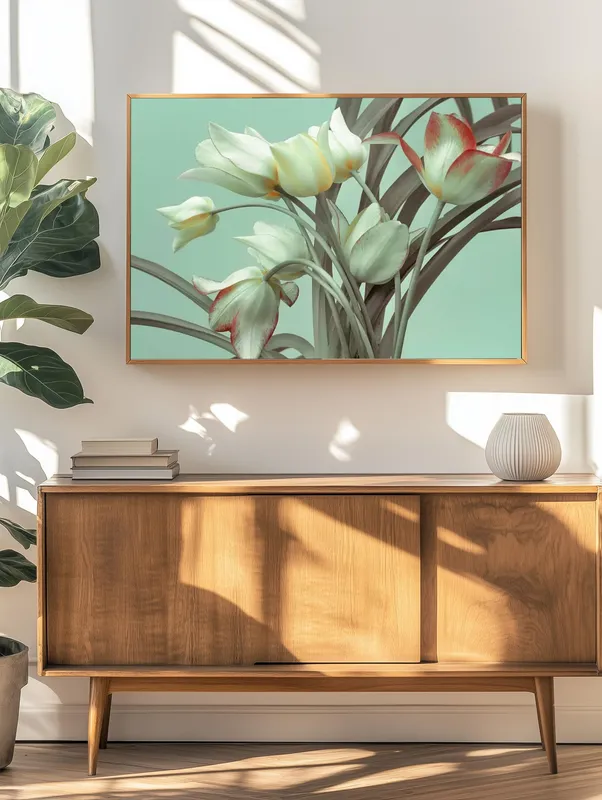 Постер «Белые тюльпаны» на стене в офисе