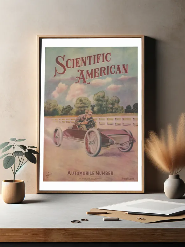 Постер «Автомобиль с обложки» над диваном в гостиной