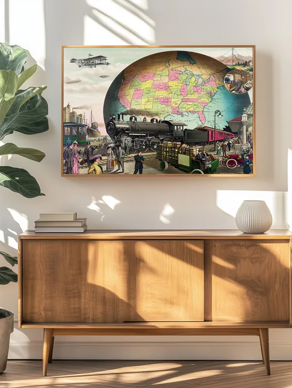 Постер «Транспорт двадцатого века» на стене в офисе