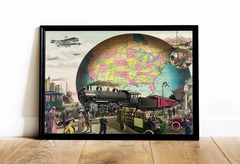 Постер «Транспорт двадцатого века» над диваном в гостиной