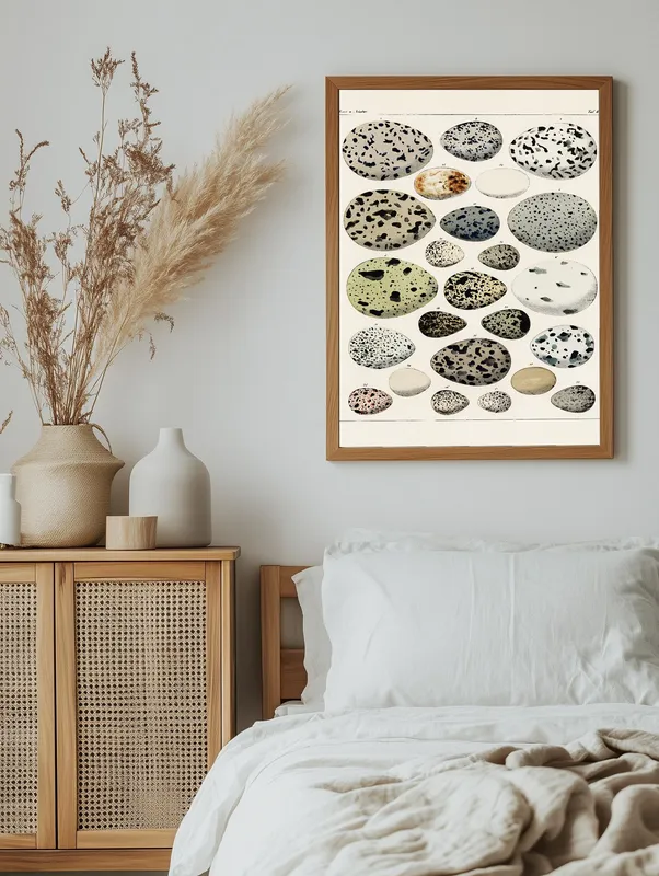 Постер «Коллекция яиц» над диваном в гостиной