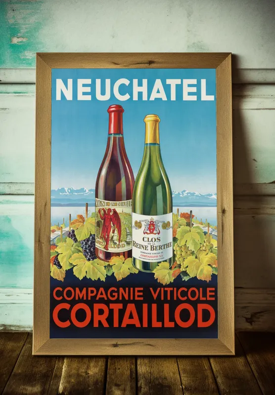 Постер «Рекламный плакат - Винодельческая компания» над диваном в гостиной