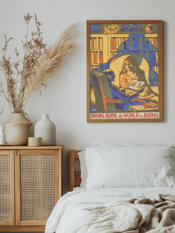Постер «Книги - Принесите домой мир в книгах» на стене в офисе