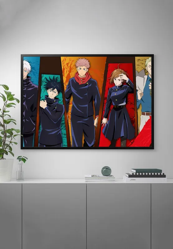 Постер «Магическая битва. Персонажи» над диваном в гостиной