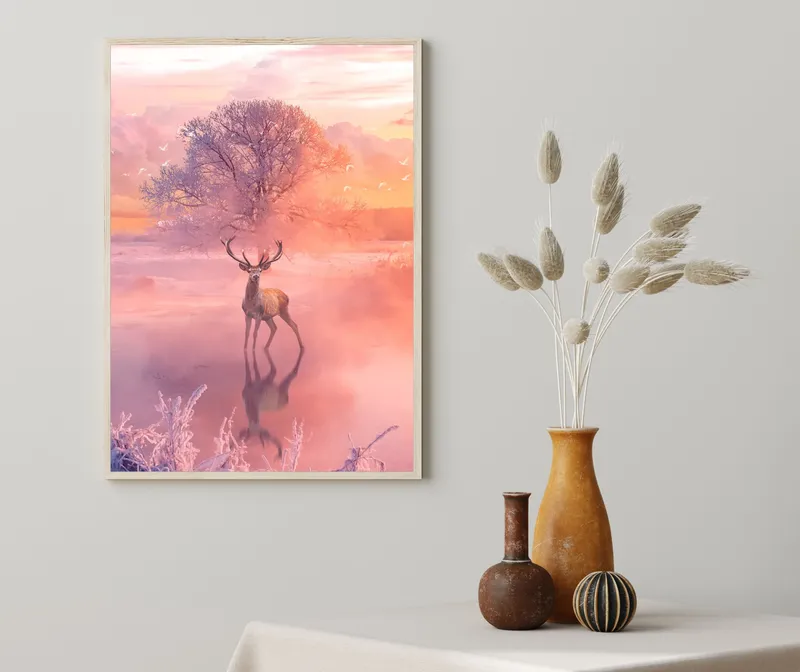 Постер «Олень морозным утром» на стене в офисе