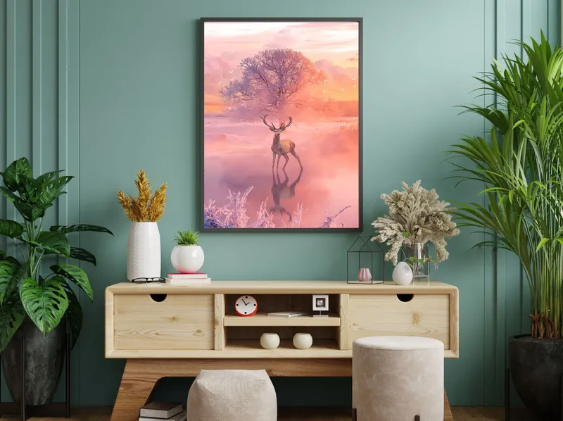 Постер «Олень морозным утром» над диваном в гостиной