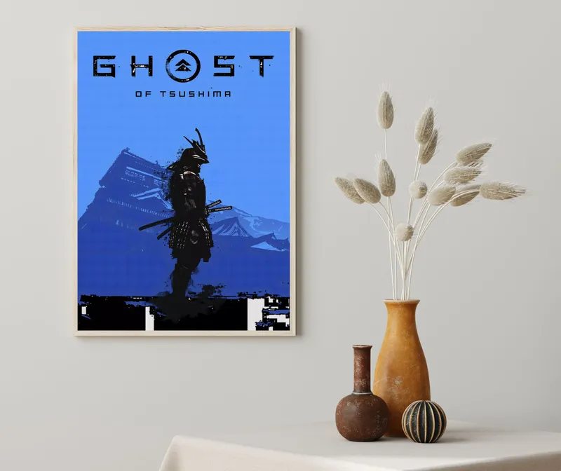 Постер «Призрак Цусимы. Ночной город» над диваном в гостиной