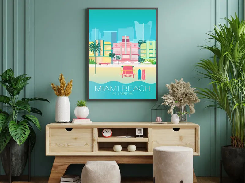 Постер «Достопримечательности. Пляж Майами» на стене в офисе