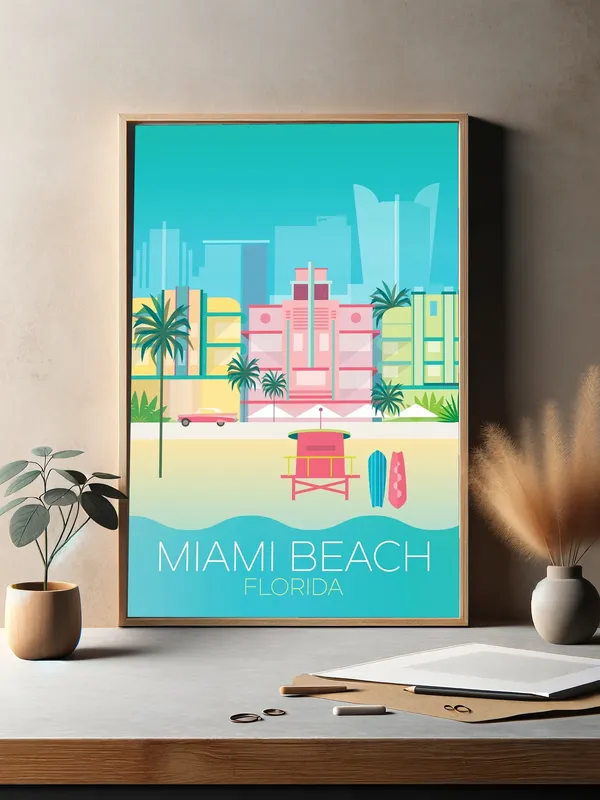 Постер «Достопримечательности. Пляж Майами» над диваном в гостиной