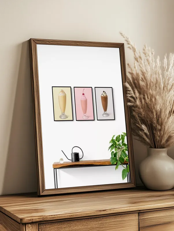 Постер «Набор из трех постеров Десерты» на стене в офисе