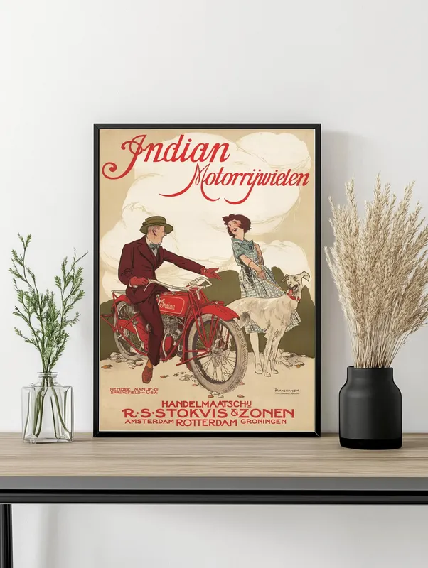 Постер «Мотоциклы - Индийский мотоцикл R.S. Stokvis &amp; Zonen» над диваном в гостиной