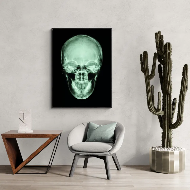 Постер «Череп» над диваном в гостиной