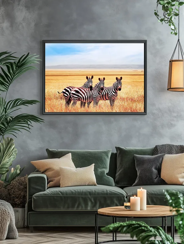 Постер «Три зебры» над диваном в гостиной